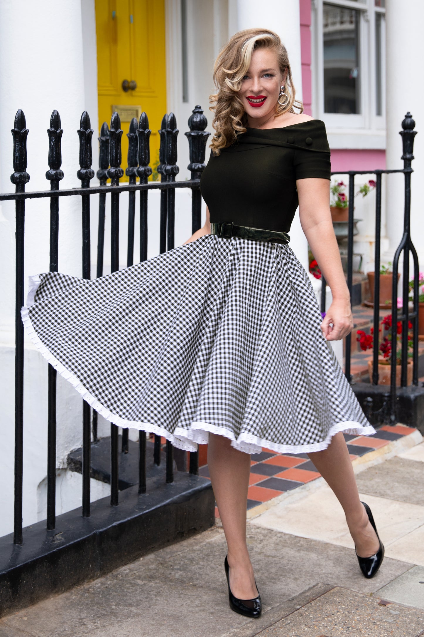 The Brigitte Gingham Swing Dress in Black and White