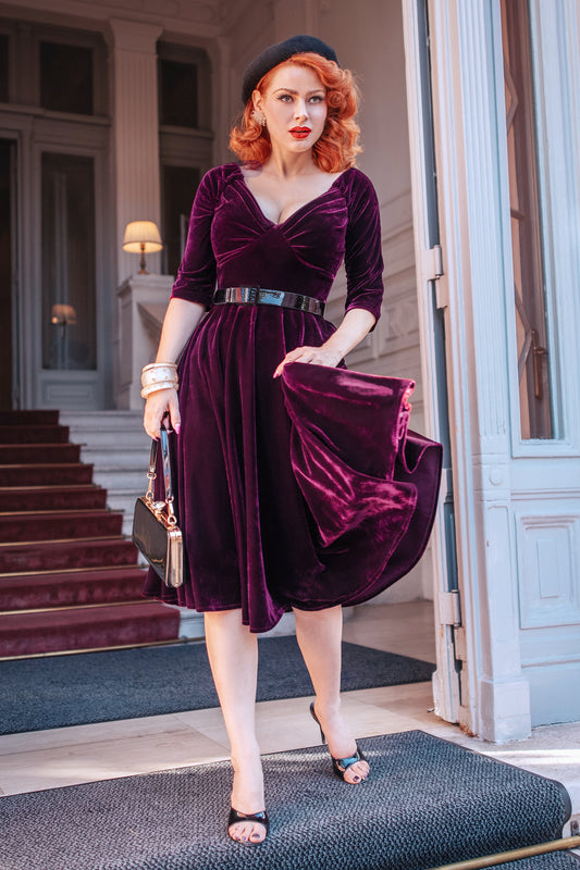 Marilyn Velvet Swing Dress in Burgundy