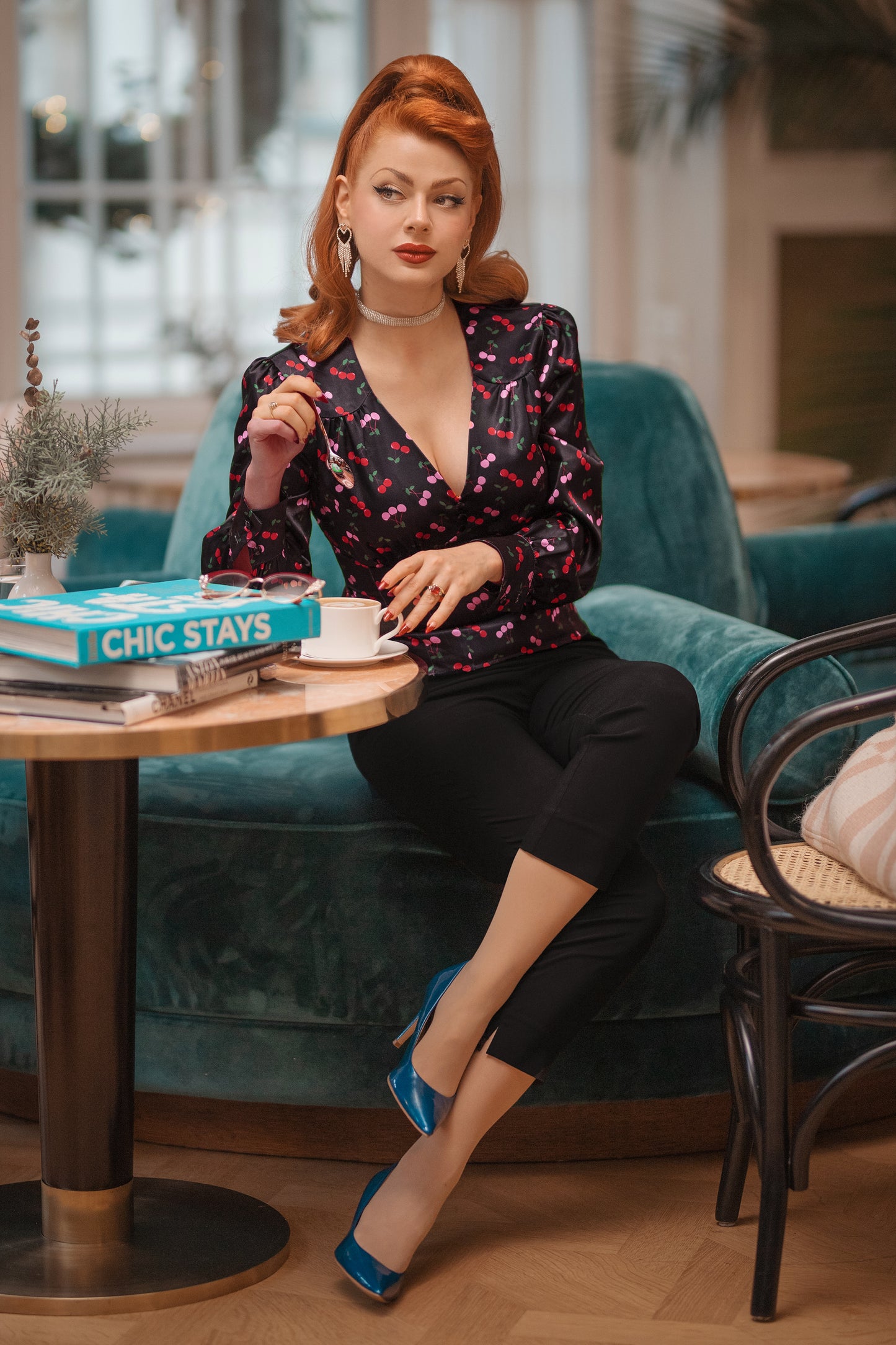 Harriet Blouse in Black with Cherry Print