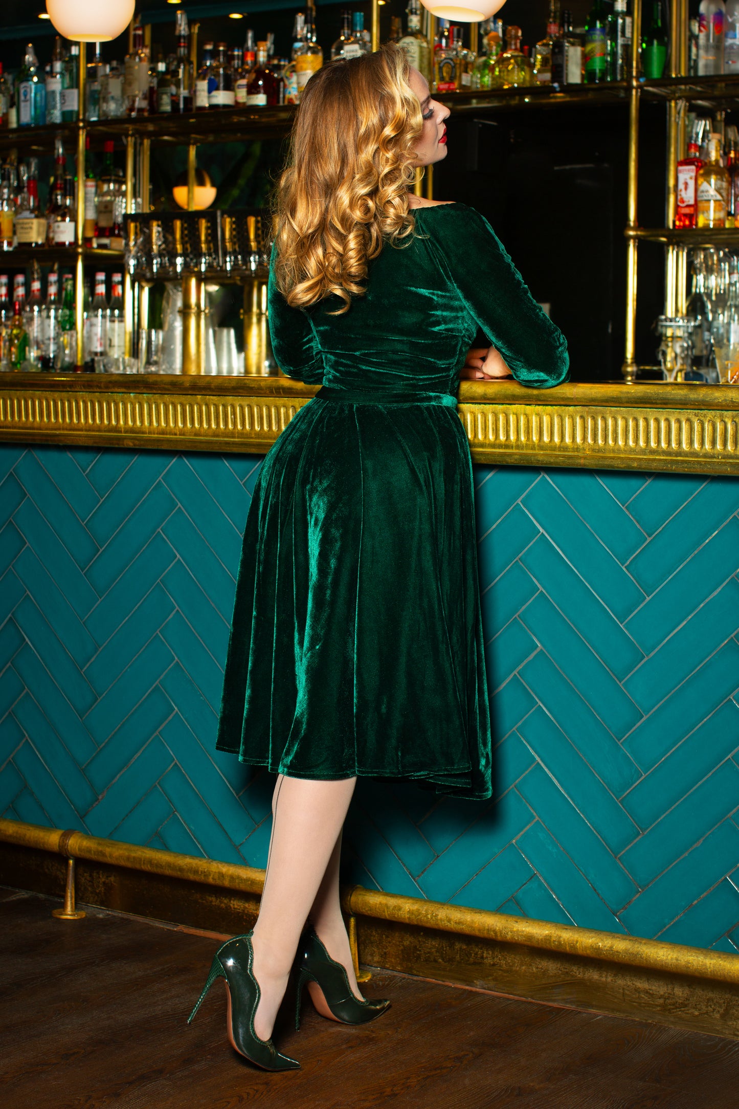 Norma Jean Velvet Swing Dress in Dark Green