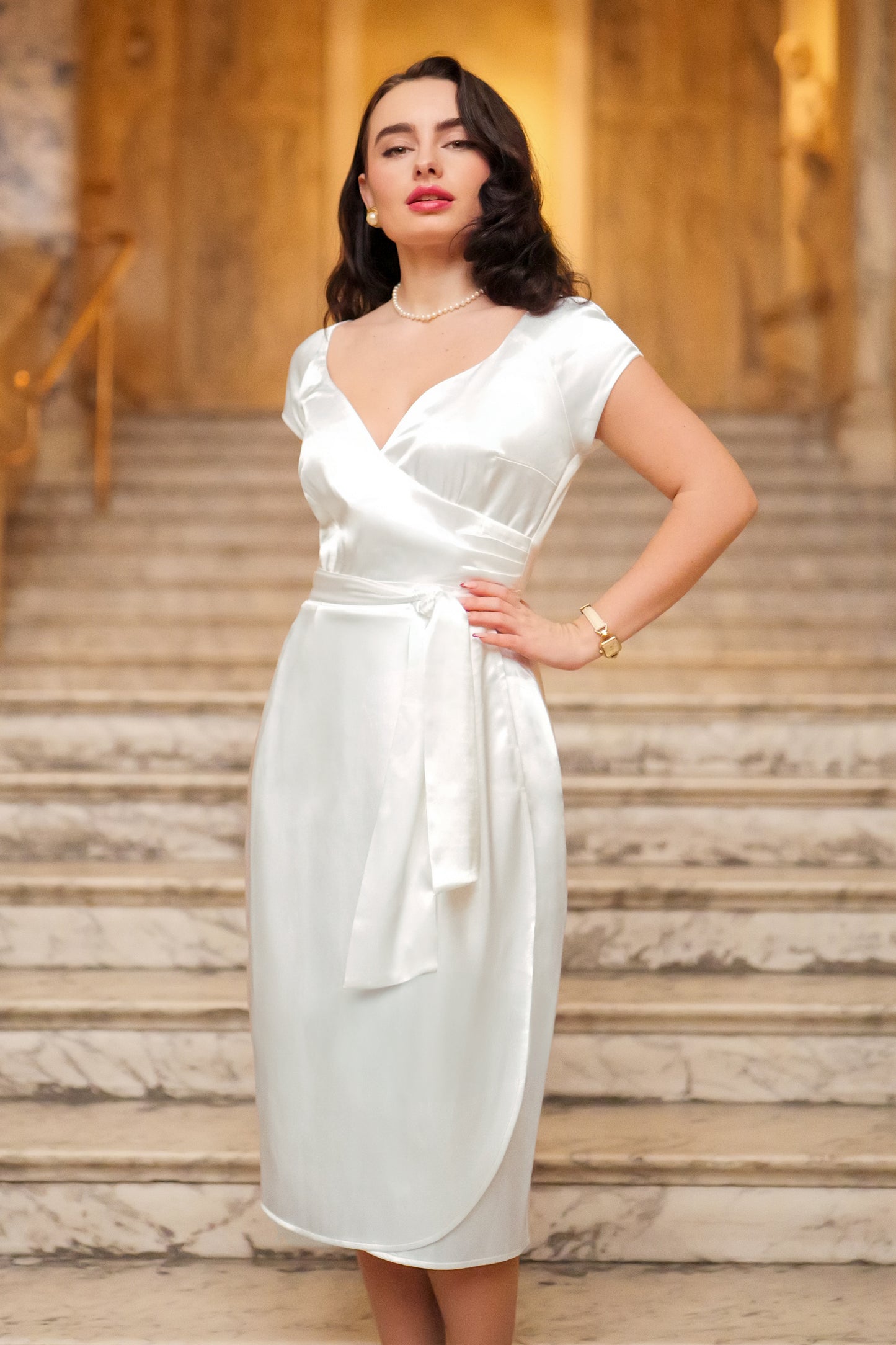 The Moira Satin Pencil Dress in Off White