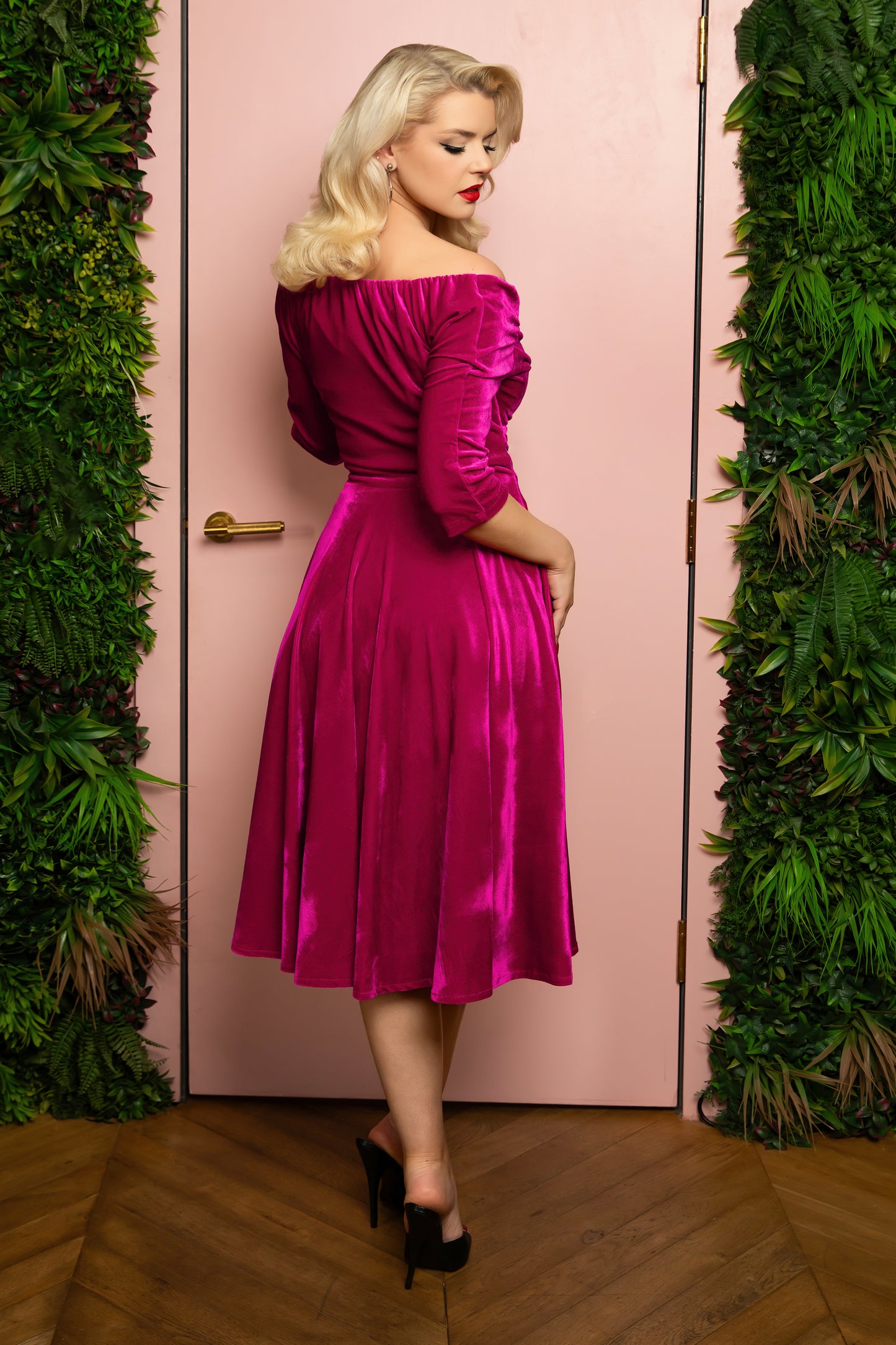 Marilyn Velvet Swing Dress in Magenta