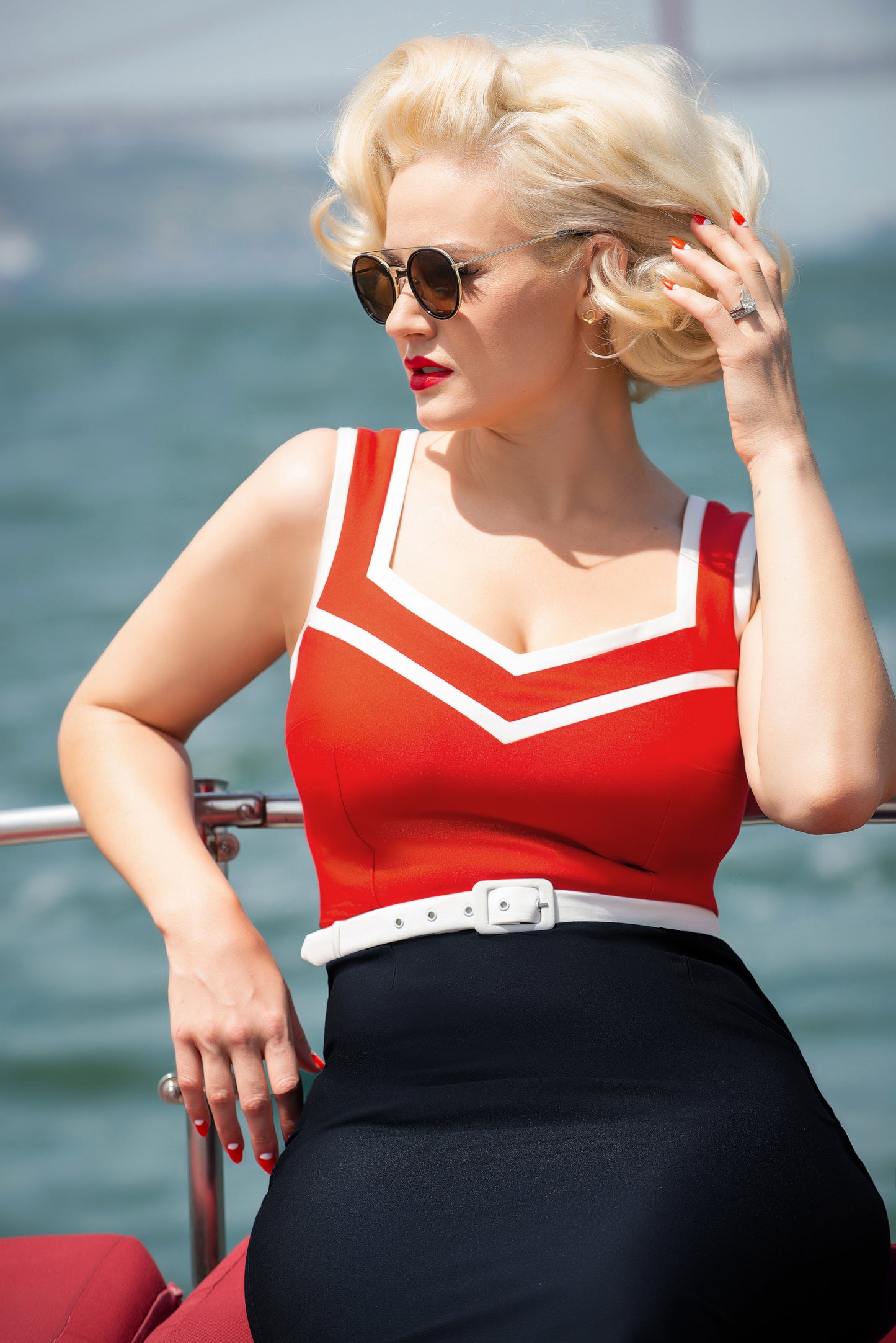 Barbara Pencil Dress in Red and Navy