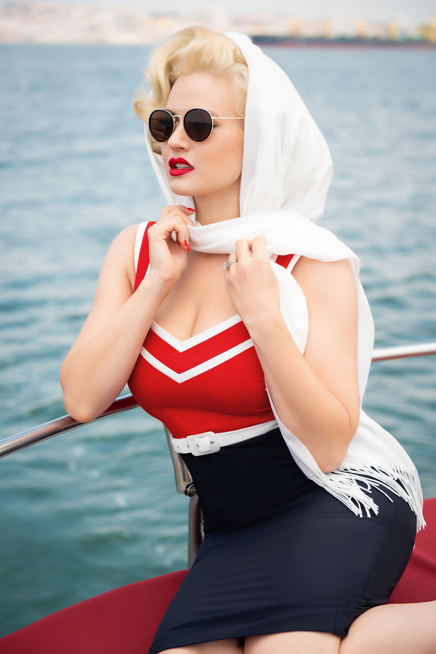 Barbara Pencil Dress in Red and Navy
