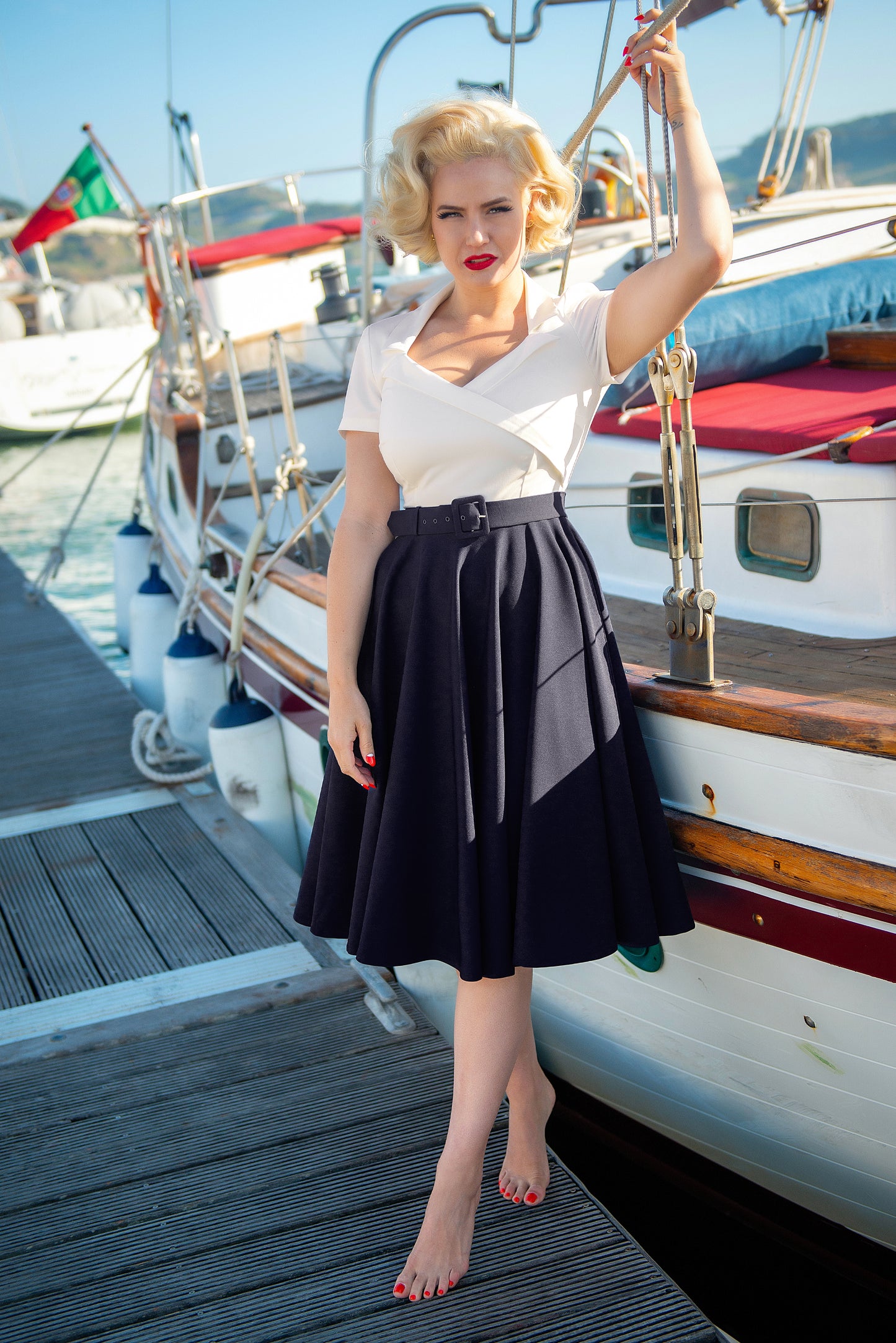 Lila Swing Dress in White and Navy