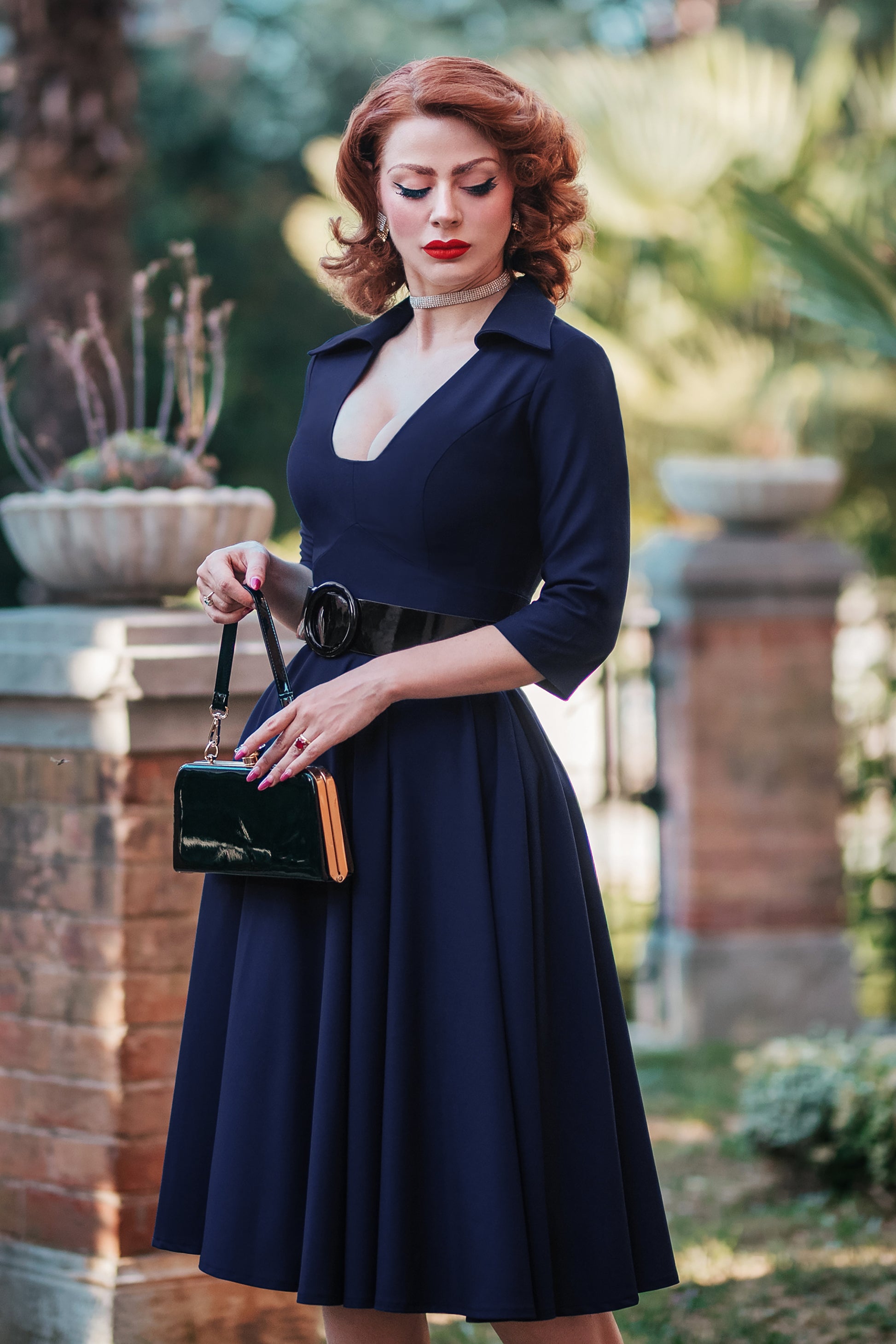 dark blue swing dress Dark Blue Swing Cocktail Dress, Fit and Flare Midi Dress, Retro Swing Dress, Wrap Dress With Full Circle Skirt, Midi Silk Dress for Women