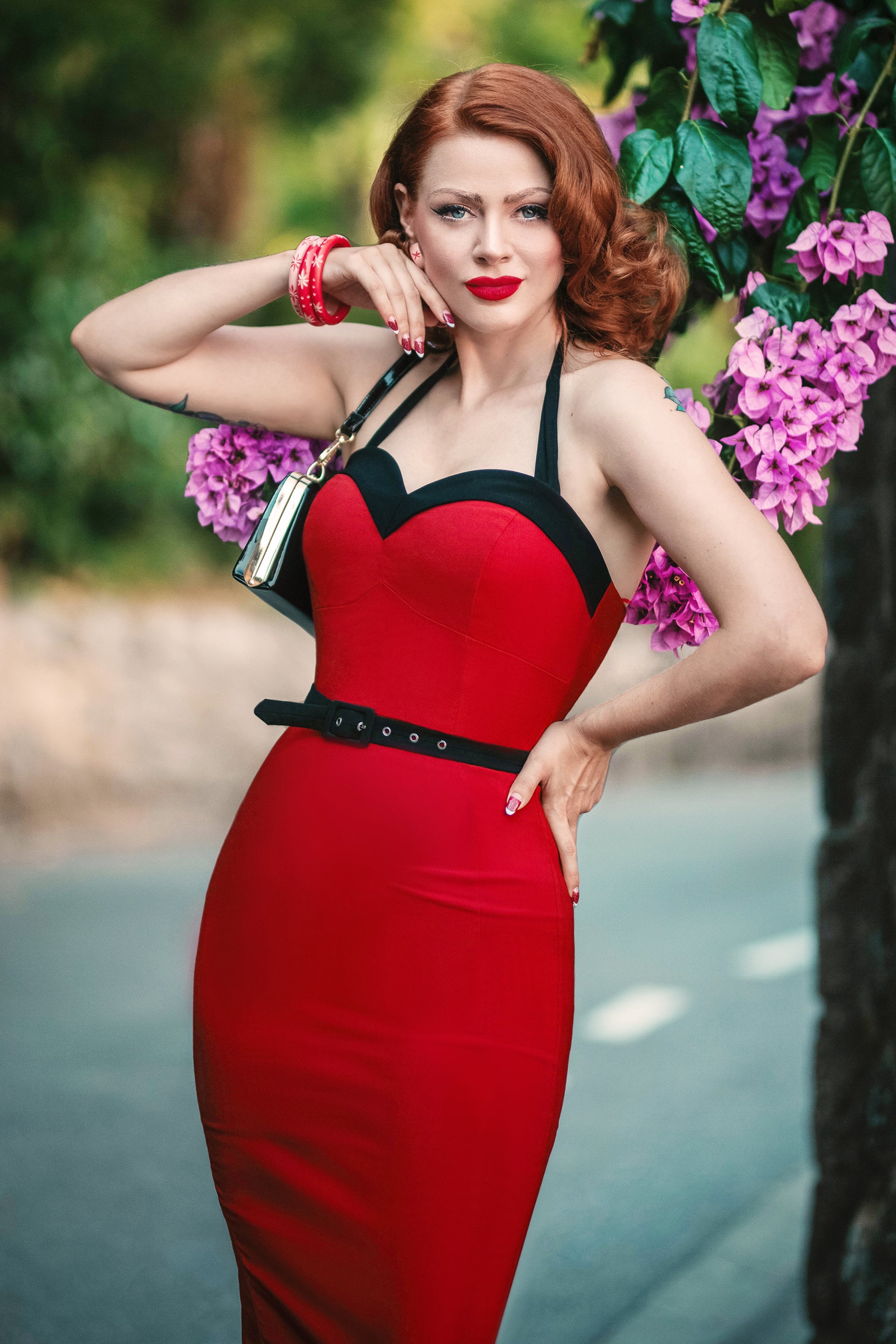 Foxy Pencil Dress in Red and Black  Glamour Bunny