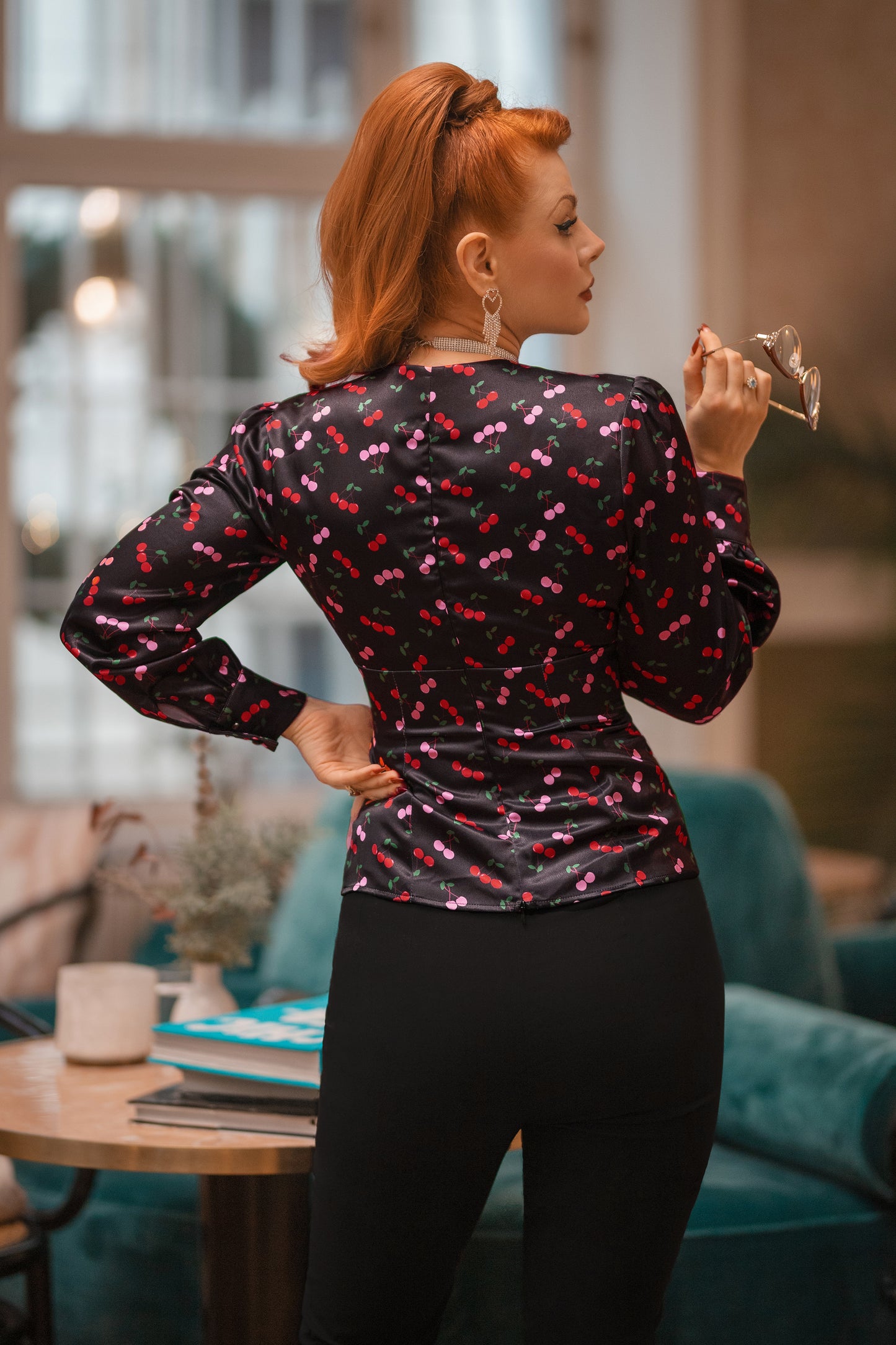 Harriet Blouse in Black with Cherry Print
