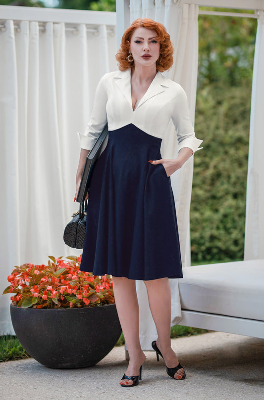 Dianne Swing Dress in White and Navy