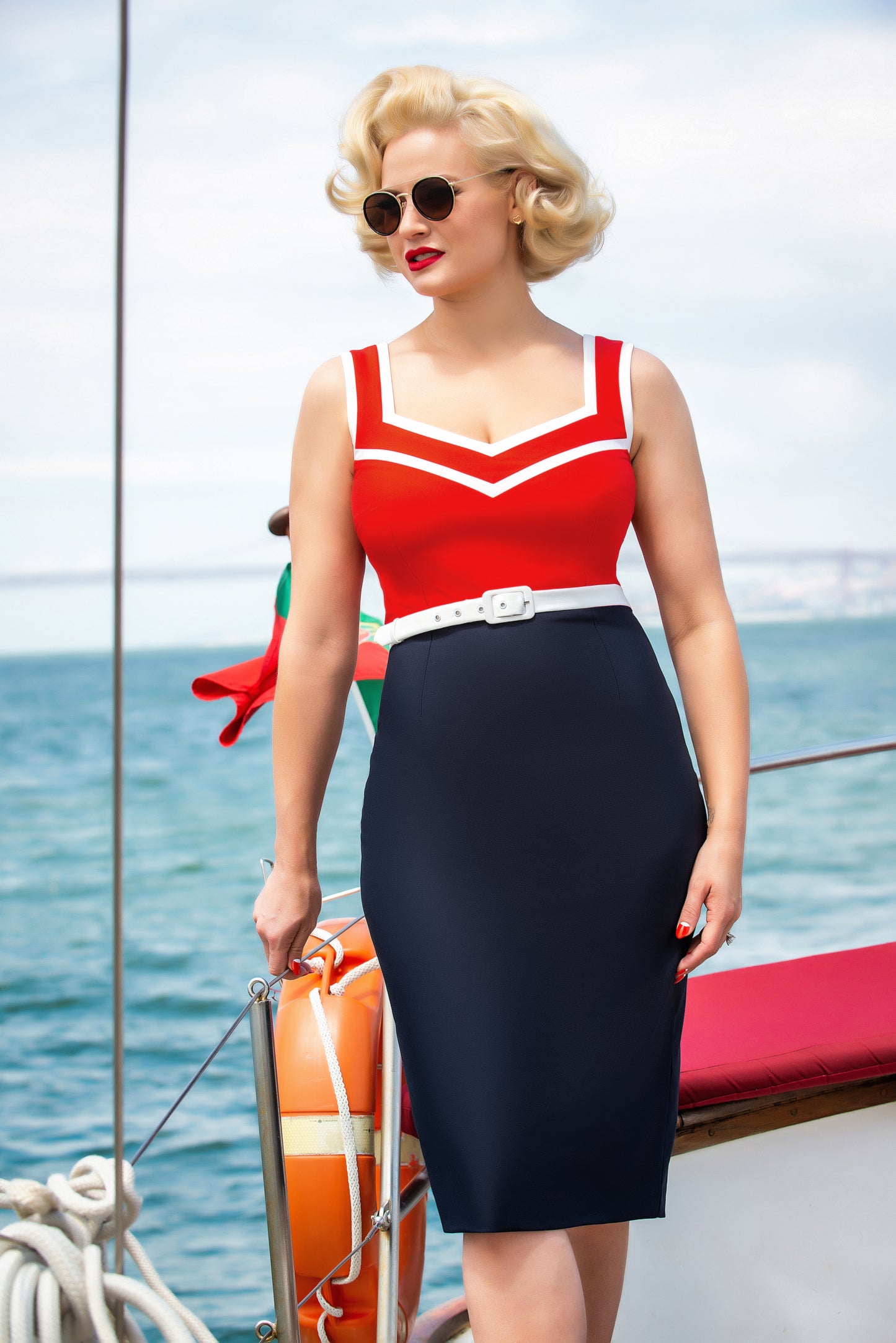 Barbara Pencil Dress in Red and Navy