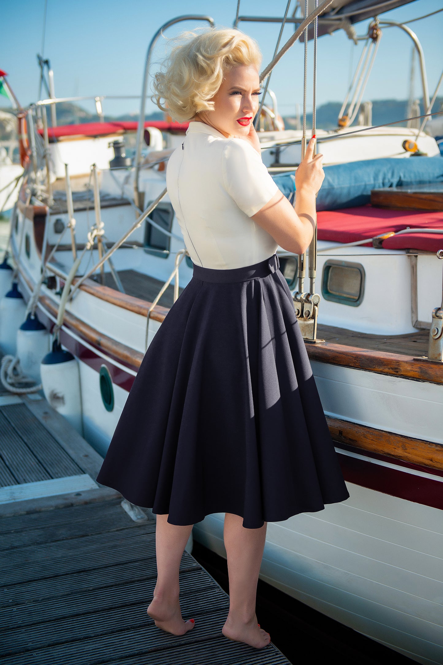 Lila Swing Dress in White and Navy
